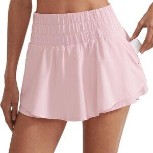 Strawberry Pink High-Waisted Flowy Ruffle Tennis Skirt-Shorts with Zipper Pocket